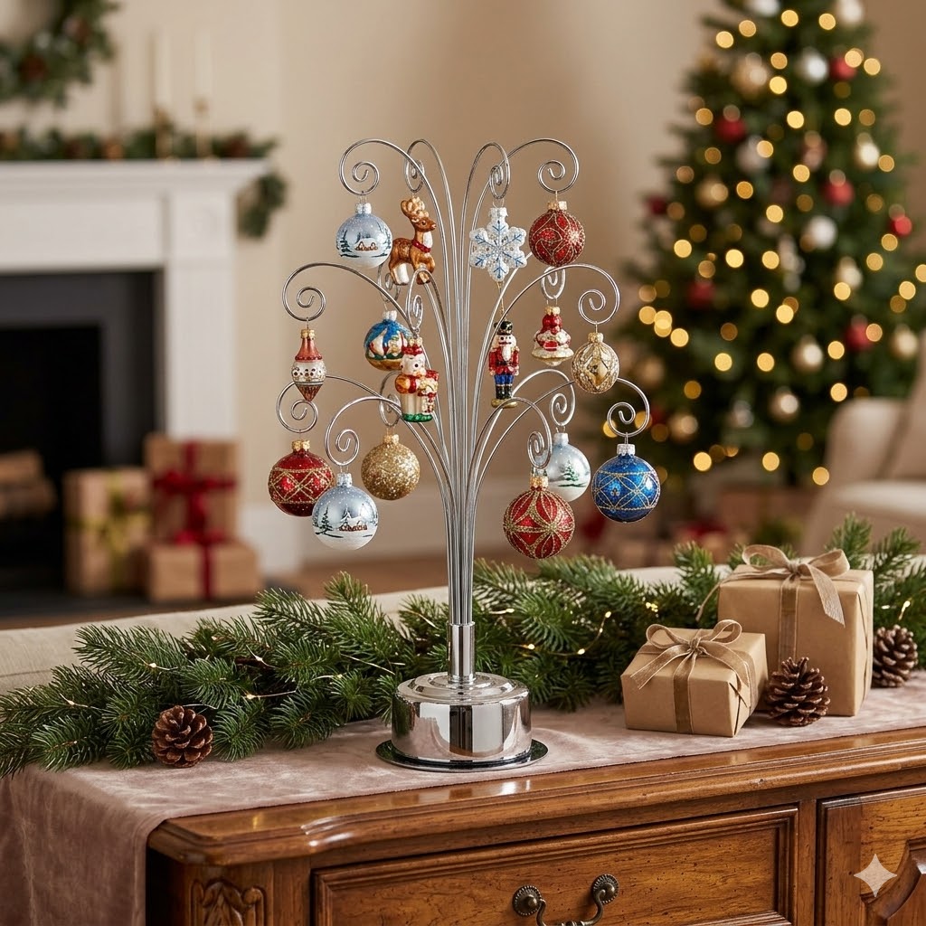 HOHIYA 16.75 Inch Mini Rotating Ornament Display Tre, 3-Tier Metal Stand with 15 Hooks Small Tabletop Christmas Tree for Jewelry Charms and Keepsakes Silver Chrome